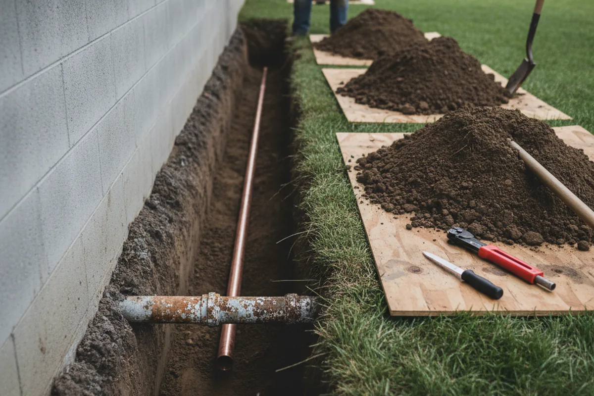 Excavated water line trench during Sewer Line Repair in Kettle Island